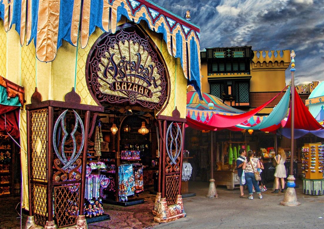 Colorful stalls at Agrabah Bazaar in Disney
