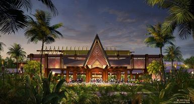 Luxurious Polynesian Resort at Disney, showcasing tropical landscaping and vibrant architecture.