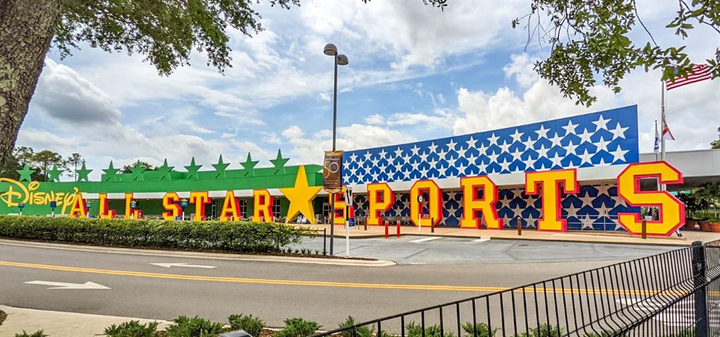 Colorful exterior of Disney's All-Star Sports Resort welcoming guests back to DVC.