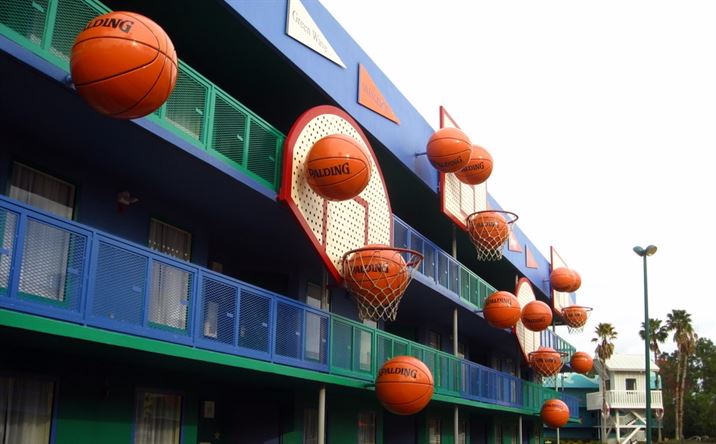 Colorful exterior of Disney's All-Star Sports Resort, welcoming DVC members.