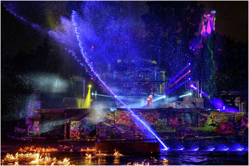Spectacular fireworks illuminating the night sky over Disney's Fantasmic show at a DVC resort.
